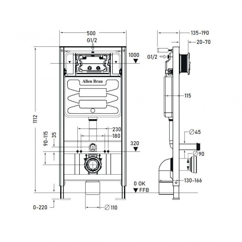 Инсталляция 9.11100.20 PNEUMATIC для подв. унитаза, патрубки, б/кнопки,1112х115х500мм (306274)