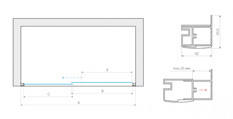 Дверь в душевой проем ZP NOVO h2000 180 01 MORU профиль белый стекло MORU регулировка 178-183
