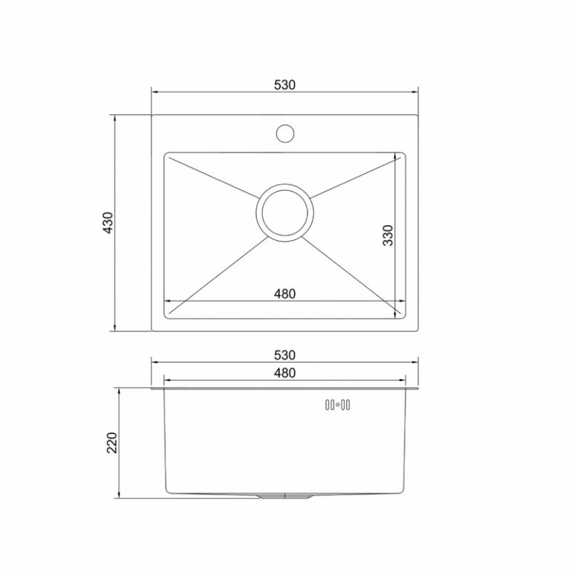 Мойка 53х43 (3,0) вып 3 1/2 MIXLINE PRO 22 см с сифоном (черный графит)