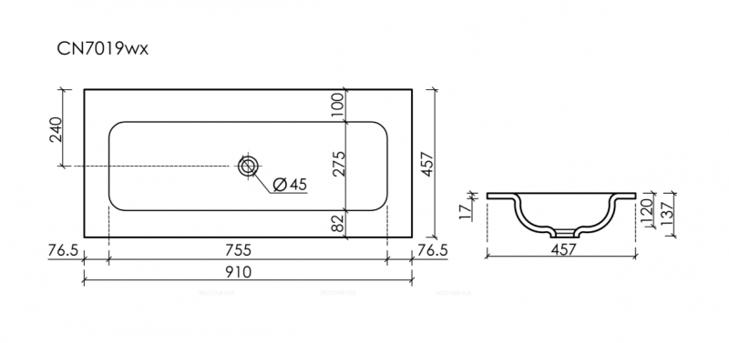 Раковина мебельная Grace прямоугольная 910*457*137, CN7019Wx без отвер. под смеситель, белый