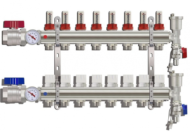 Коллектор с расходомерами TIM латунный, с запорными кранами 1"х3/4" 7-вых