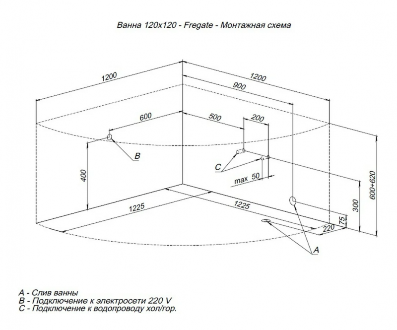 Ванна акриловая FREGATE 120*120 Aquanet к/с50 (205488)
