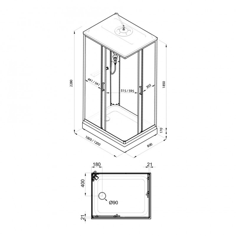Душевая кабина Квадро 120*80 А ПОЛОСЫ,бел, прямоуг., низ. поддон ДН4 (8мест)